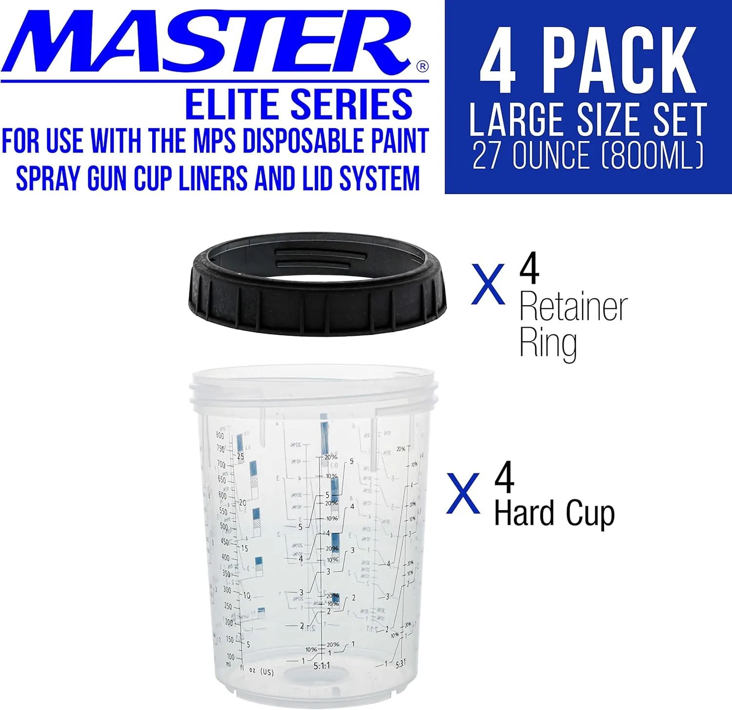 Master Paint System MPS, 4 Pack Set of Large Size 27 Ounce (800ml) Hard Cups and Retainer Rings - 4 Hard Cups and 4 Rings for Use with The MPS Disposable Paint Spray Gun Cup Liners and Lid System