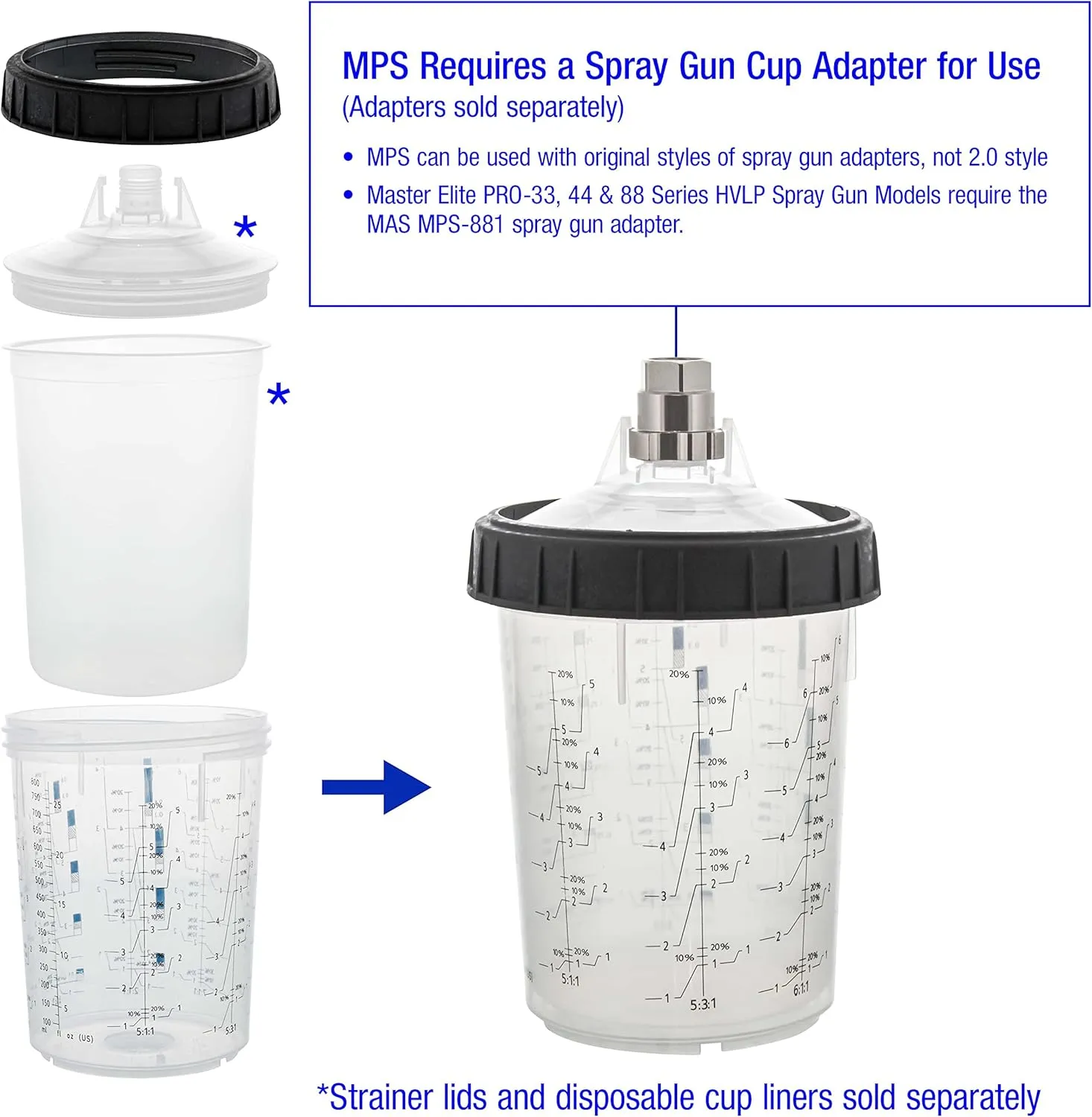 Master Paint System MPS, 4 Pack Set of Large Size 27 Ounce (800ml) Hard Cups and Retainer Rings - 4 Hard Cups and 4 Rings for Use with The MPS Disposable Paint Spray Gun Cup Liners and Lid System