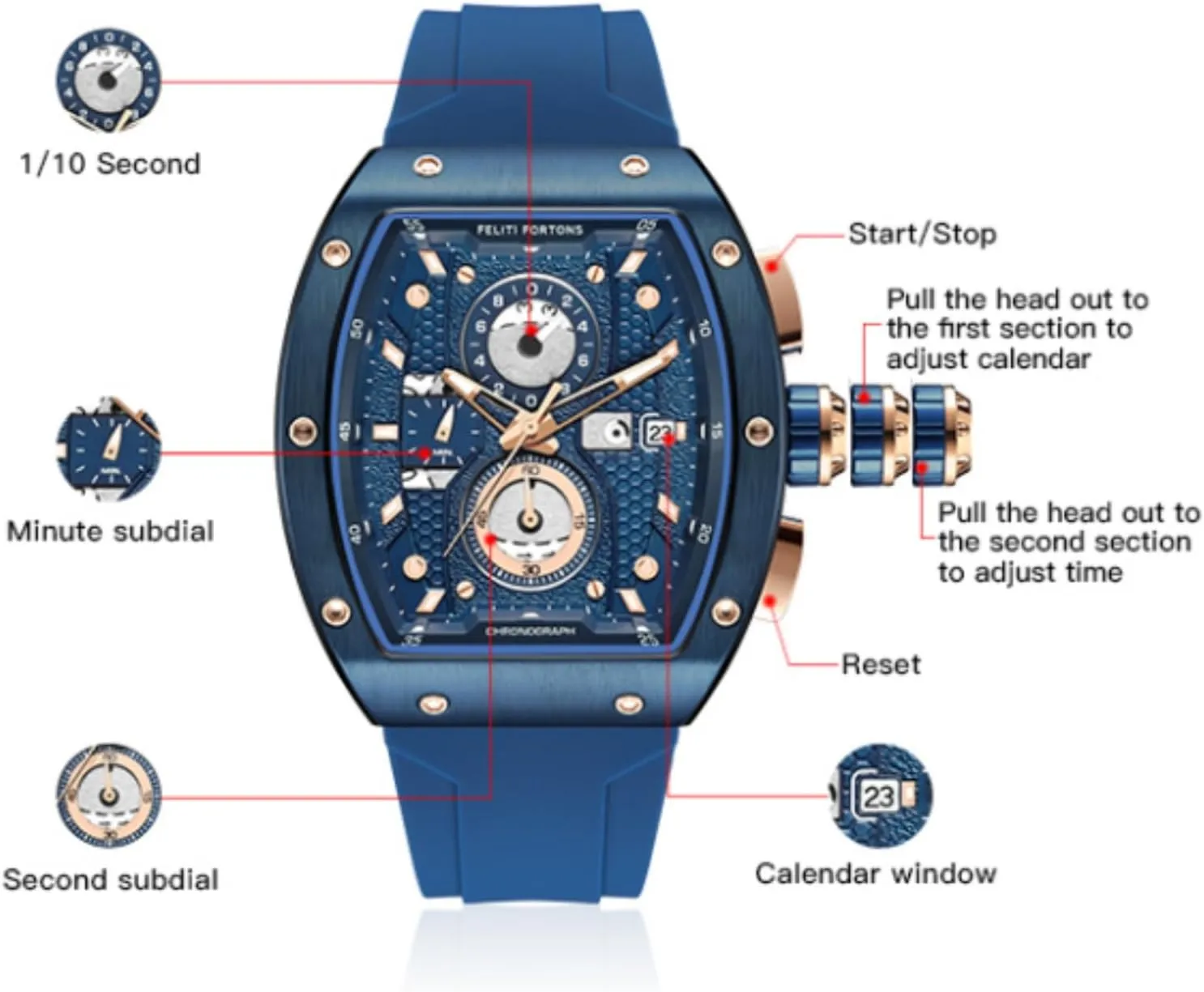 Mens Watches Sport Tonneau 3ATM Waterproof Chronograph Luminous Quartz Watches of Men Silicone Strap with Gift for Men