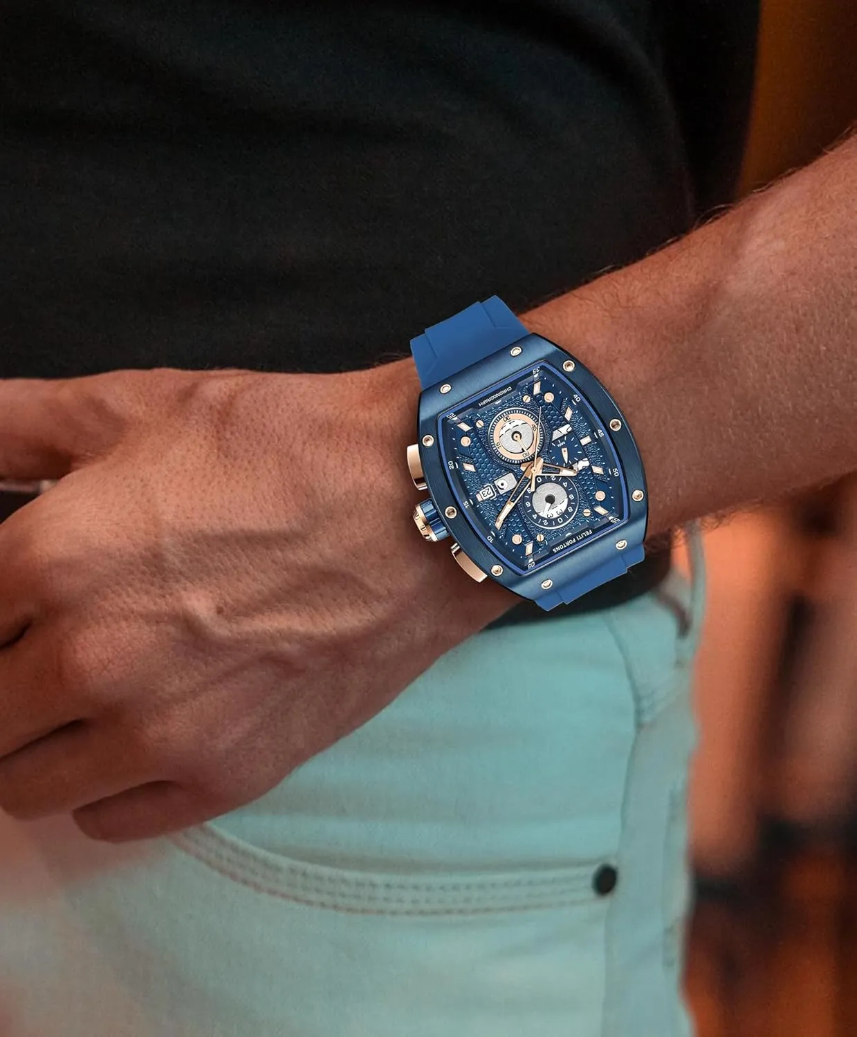 Mens Watches Sport Tonneau 3ATM Waterproof Chronograph Luminous Quartz Watches of Men Silicone Strap with Gift for Men