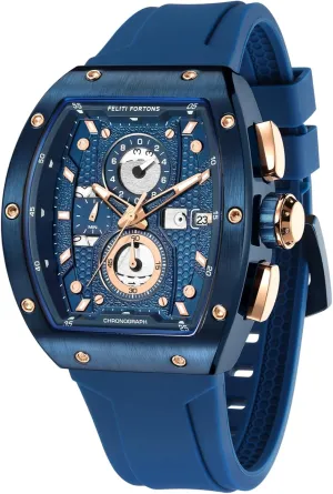Mens Watches Sport Tonneau 3ATM Waterproof Chronograph Luminous Quartz Watches of Men Silicone Strap with Gift for Men