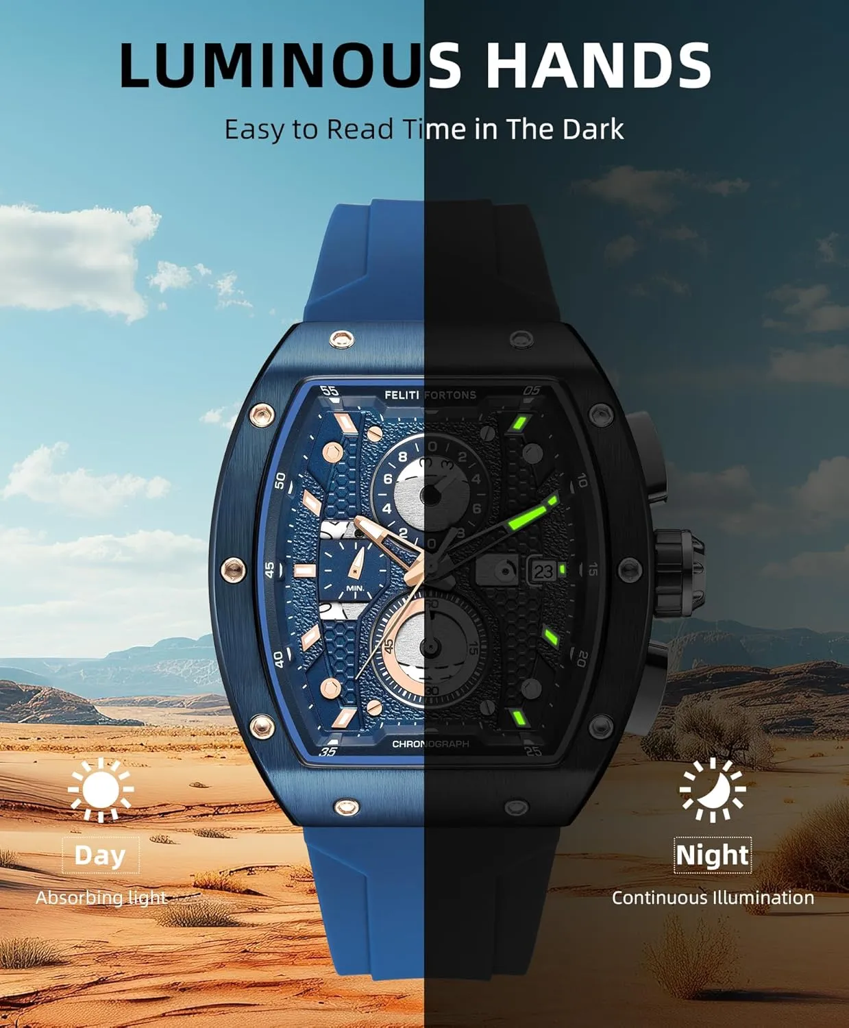 Mens Watches Sport Tonneau 3ATM Waterproof Chronograph Luminous Quartz Watches of Men Silicone Strap with Gift for Men