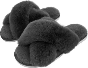 Metog Women's Fuzzy Cross Band Indoor/Outdoor Soft Open Toe Slippers