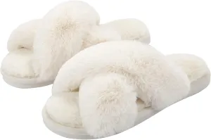 Metog Women's Fuzzy Cross Band Indoor/Outdoor Soft Open Toe Slippers