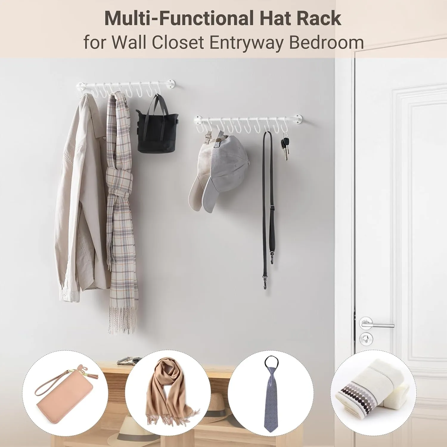 Mkono Hat Rack for Wall Baseball Cap Organizer Hanger with 20 Hooks Modern Metal Hat Holder Wall-Mounted Caps Display for Closet Door Bedroom Entryroom Laundry, Set of 2, White