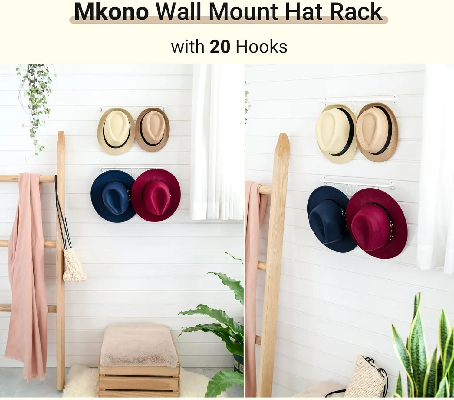 Mkono Hat Rack for Wall Baseball Cap Organizer Hanger with 20 Hooks Modern Metal Hat Holder Wall-Mounted Caps Display for Closet Door Bedroom Entryroom Laundry, Set of 2, White