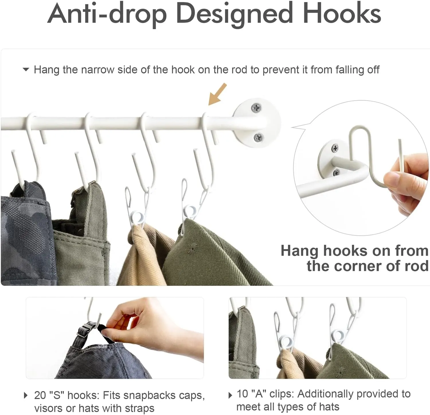 Mkono Hat Rack for Wall Baseball Cap Organizer Hanger with 20 Hooks Modern Metal Hat Holder Wall-Mounted Caps Display for Closet Door Bedroom Entryroom Laundry, Set of 2, White