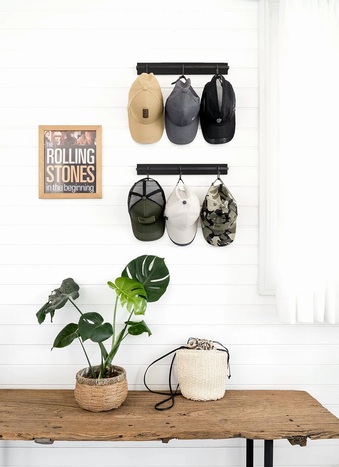 Mkono Hat Rack for Wall Wooden Baseball Caps Organizer with 20 Hooks Rustic Cowboy Hat Hanger Wall Mounted Caps Display Rack for Closet Bedroom Entryway, Set of 2, Black