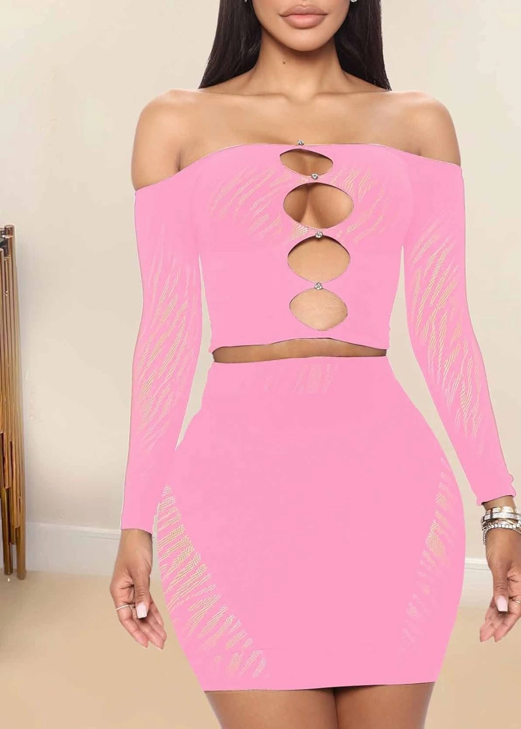 MOEENCN Sexy Two Piece Outfit Mesh Perspective Splice Hollow Out Off Shoulder Long Sleeve Skirt Sets Party Club Night