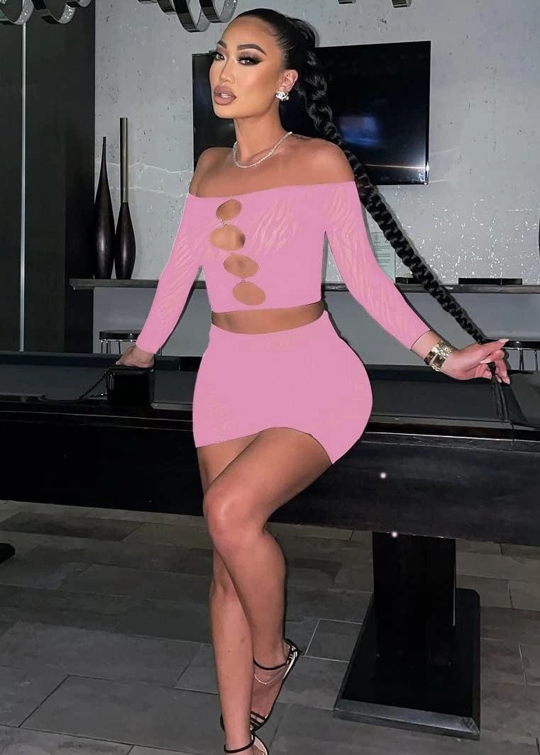 MOEENCN Sexy Two Piece Outfit Mesh Perspective Splice Hollow Out Off Shoulder Long Sleeve Skirt Sets Party Club Night
