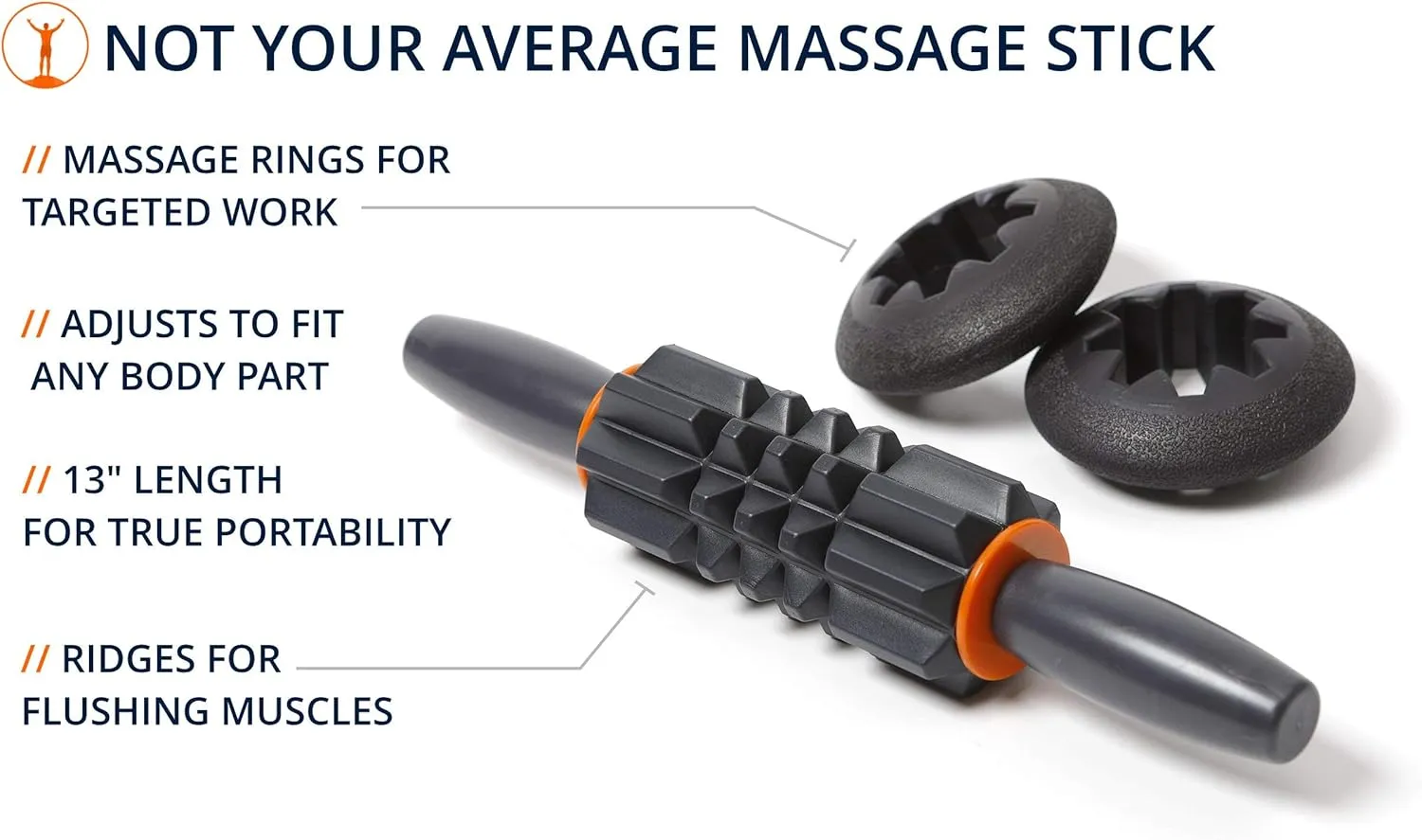 Morph Massage Stick: Full-Body Muscle Roller with 4 Bonus Deep-Tissue Massage Rings; 13” Travel Size; Configure as Ab Roller, Foam Roller, Massager for Neck, Back, Hand, Foot, Leg, Calf, & Arm