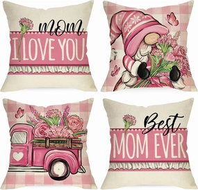 Mother's Day Gnome Decorative Throw Pillow Covers 18 x 18 Set of 4, Pink Truck Carnation Flower Mom I Love You Cushion Case Gifts, Best Mom Ever Plaid Farmhouse Home Decoration for Sofa Couch