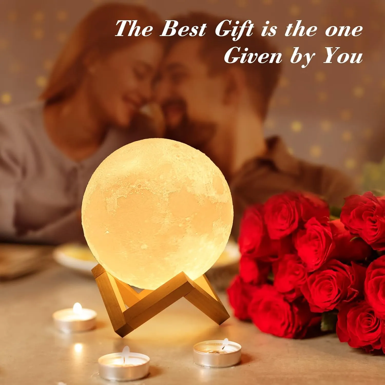 Mydethun 3D Moon Lamp with 5.9 Inch Wooden Base - Gift for Mom, LED Night Light, Mood Lighting with Touch Control Brightness for Home Décor, Bedroom, Women Kids Moonlight - White & Yellow