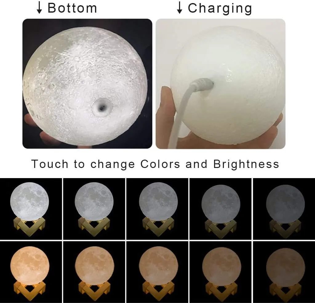 Mydethun 3D Moon Lamp with 5.9 Inch Wooden Base - Gift for Mom, LED Night Light, Mood Lighting with Touch Control Brightness for Home Décor, Bedroom, Women Kids Moonlight - White & Yellow