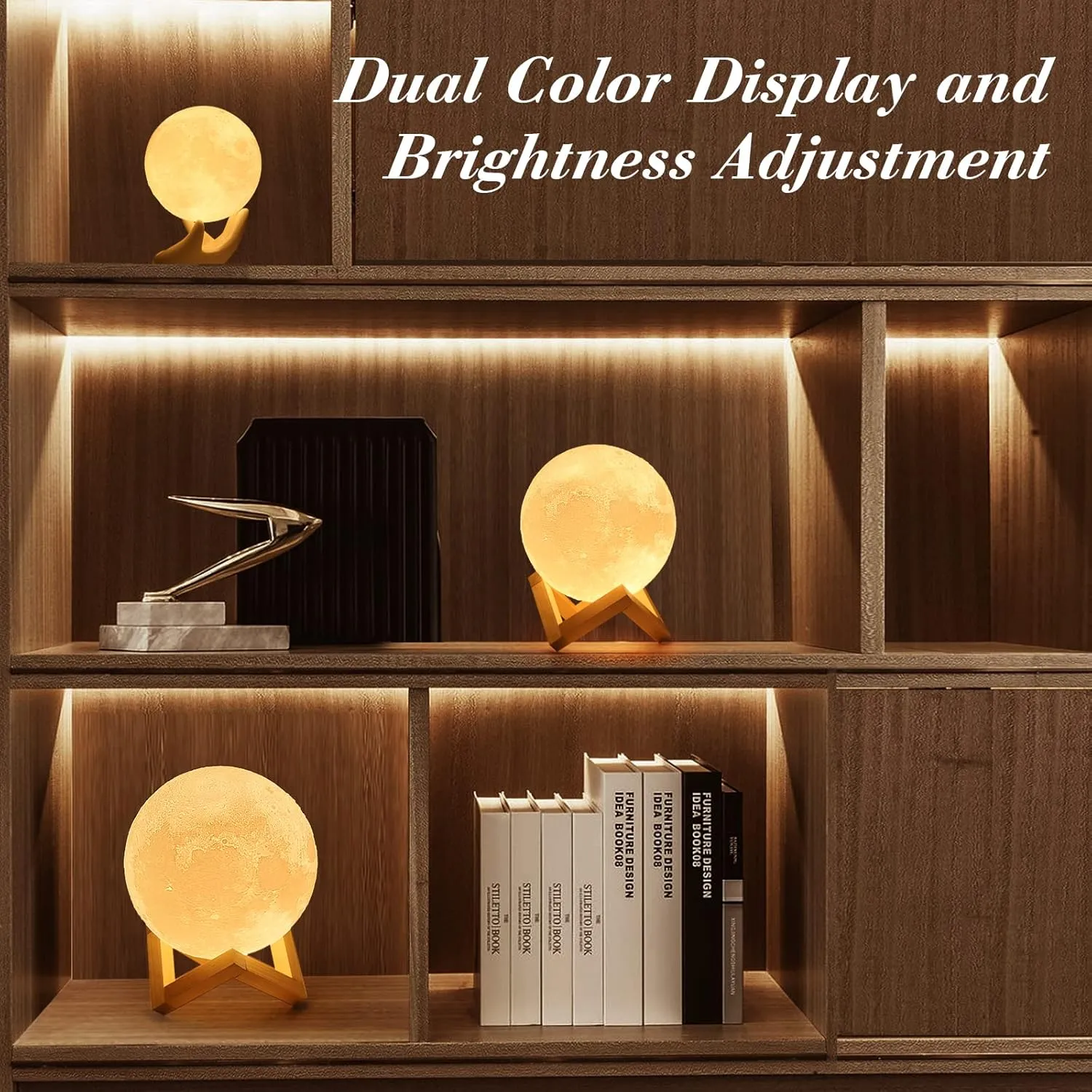 Mydethun 3D Moon Lamp with 5.9 Inch Wooden Base - Gift for Mom, LED Night Light, Mood Lighting with Touch Control Brightness for Home Décor, Bedroom, Women Kids Moonlight - White & Yellow
