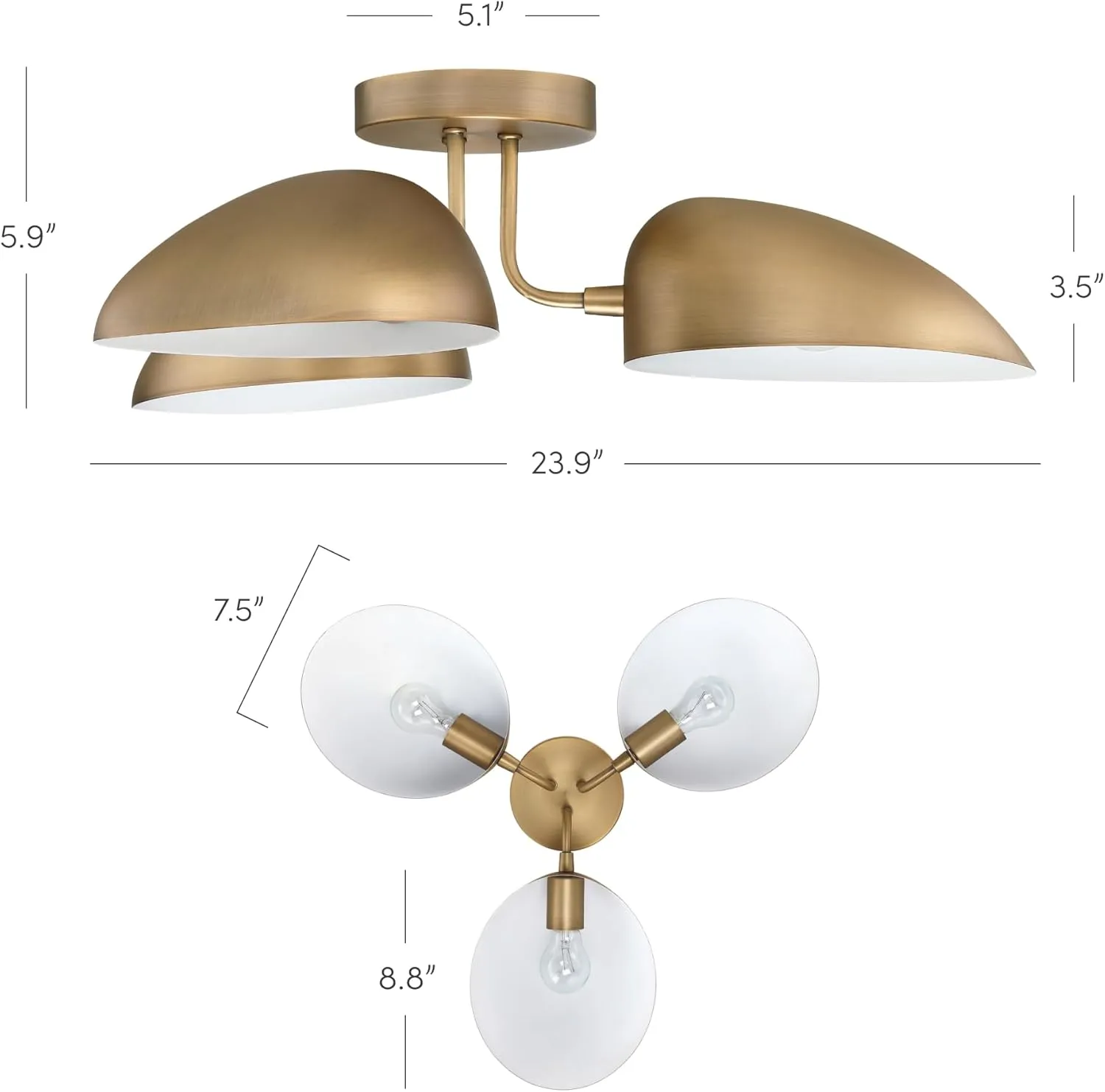 Nathan James Argo Semi Mount Flush Ceiling Light, 3-Lights Modern Retro Lighting with Black Rounded Shades for Hallway, Dining Room and Bedroom, Vintaged Brass