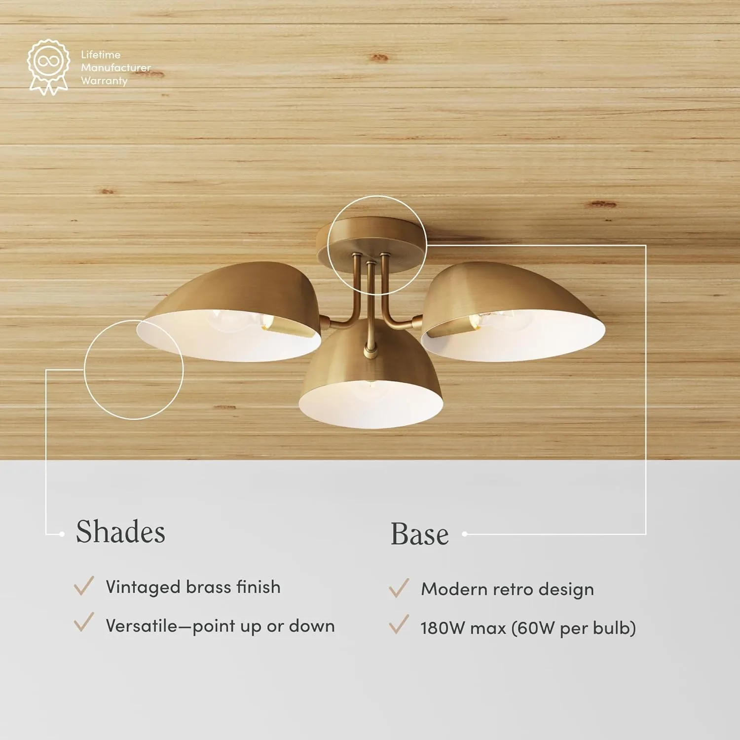 Nathan James Argo Semi Mount Flush Ceiling Light, 3-Lights Modern Retro Lighting with Black Rounded Shades for Hallway, Dining Room and Bedroom, Vintaged Brass