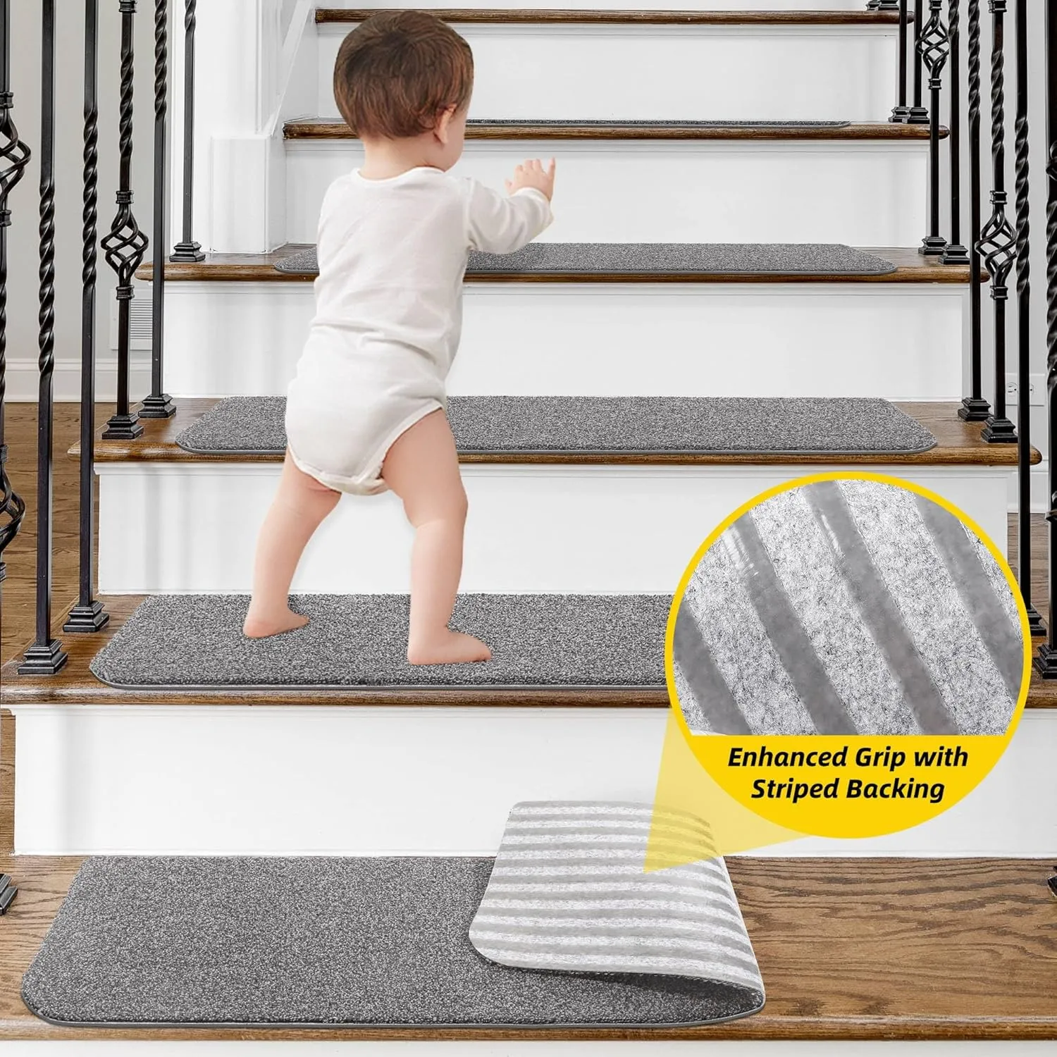 Non-Slip Stair Treads for Wooden Steps Indoor, 4 Pack 9" X 28" Stair Carpet Mats with TPE Backing for Kids Elders and Dogs, 0.3" Thick 100% Polyester Soft Stair Runner Rug, Light Grey