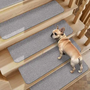 Non-Slip Stair Treads for Wooden Steps Indoor, 4 Pack 9" X 28" Stair Carpet Mats with TPE Backing for Kids Elders and Dogs, 0.3" Thick 100% Polyester Soft Stair Runner Rug, Light Grey