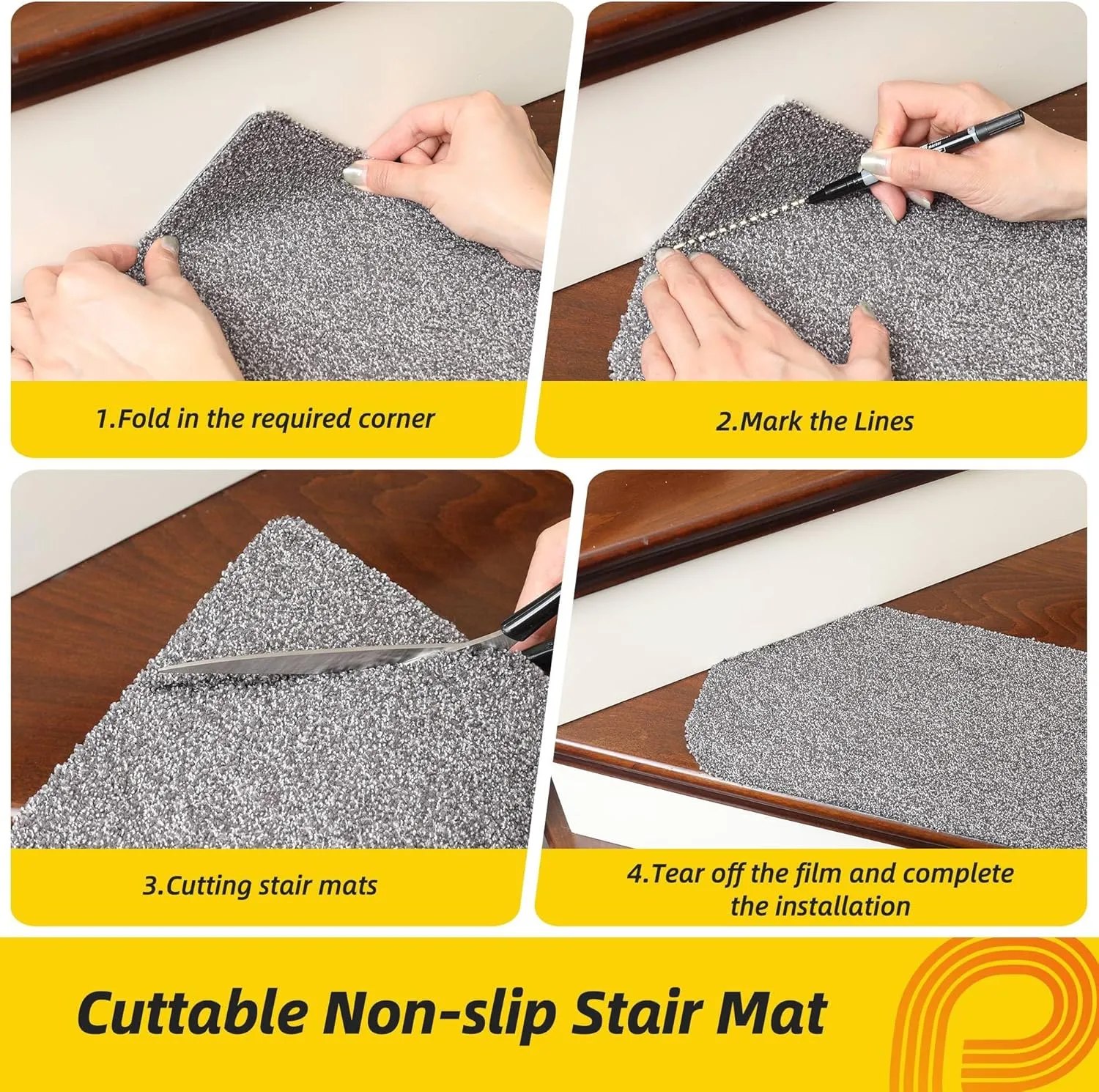 Non-Slip Stair Treads for Wooden Steps Indoor, 4 Pack 9" X 28" Stair Carpet Mats with TPE Backing for Kids Elders and Dogs, 0.3" Thick 100% Polyester Soft Stair Runner Rug, Light Grey