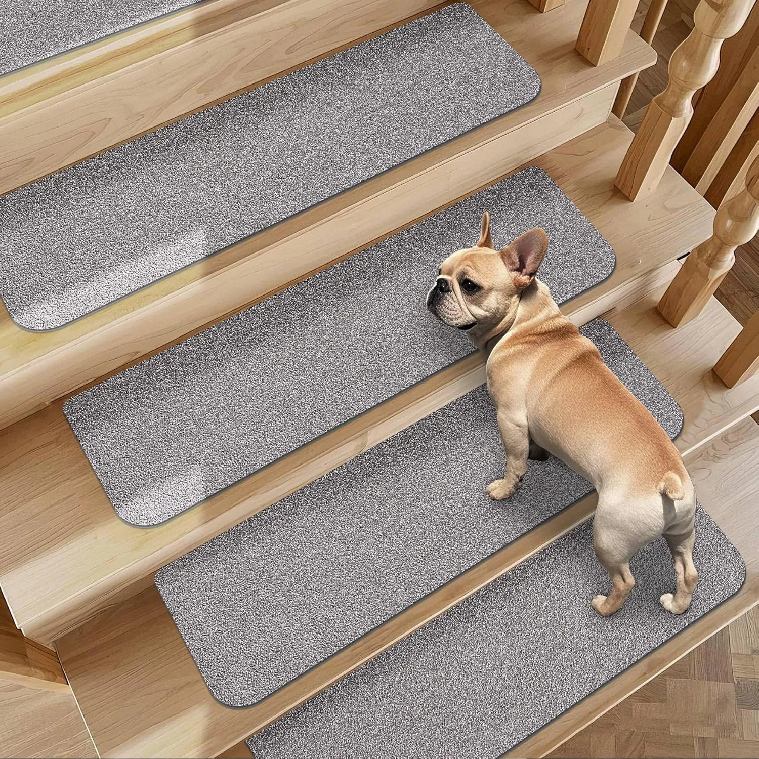 Non-Slip Stair Treads for Wooden Steps Indoor, 4 Pack 9" X 28" Stair Carpet Mats with TPE Backing for Kids Elders and Dogs, 0.3" Thick 100% Polyester Soft Stair Runner Rug, Light Grey