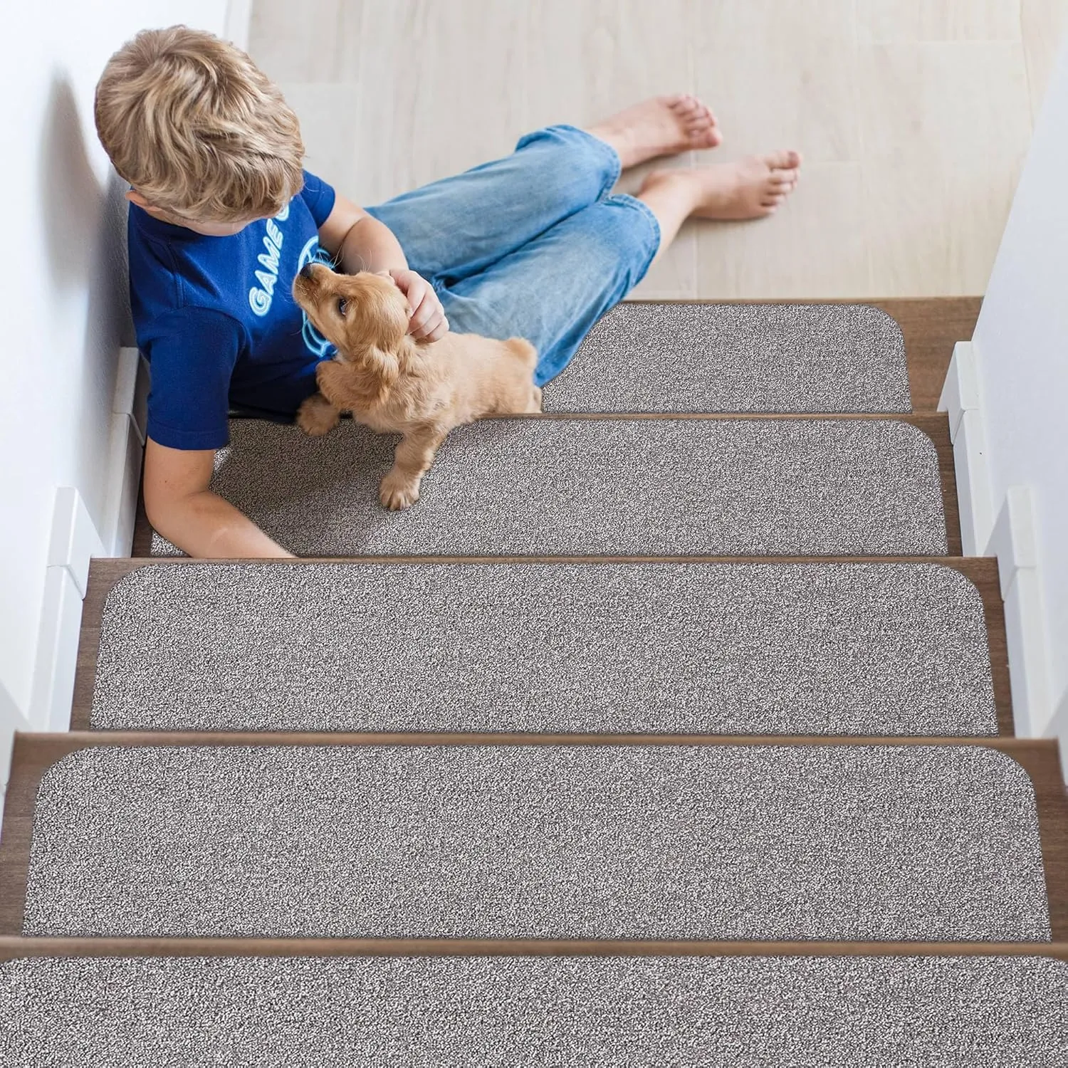 Non-Slip Stair Treads for Wooden Steps Indoor, 4 Pack 9" X 28" Stair Carpet Mats with TPE Backing for Kids Elders and Dogs, 0.3" Thick 100% Polyester Soft Stair Runner Rug, Light Grey
