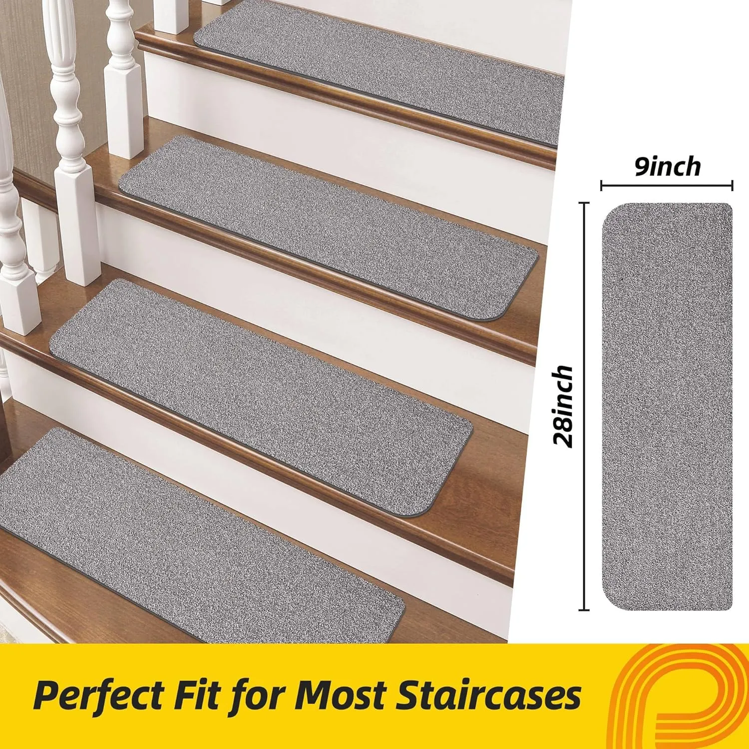 Non-Slip Stair Treads for Wooden Steps Indoor, 4 Pack 9" X 28" Stair Carpet Mats with TPE Backing for Kids Elders and Dogs, 0.3" Thick 100% Polyester Soft Stair Runner Rug, Light Grey