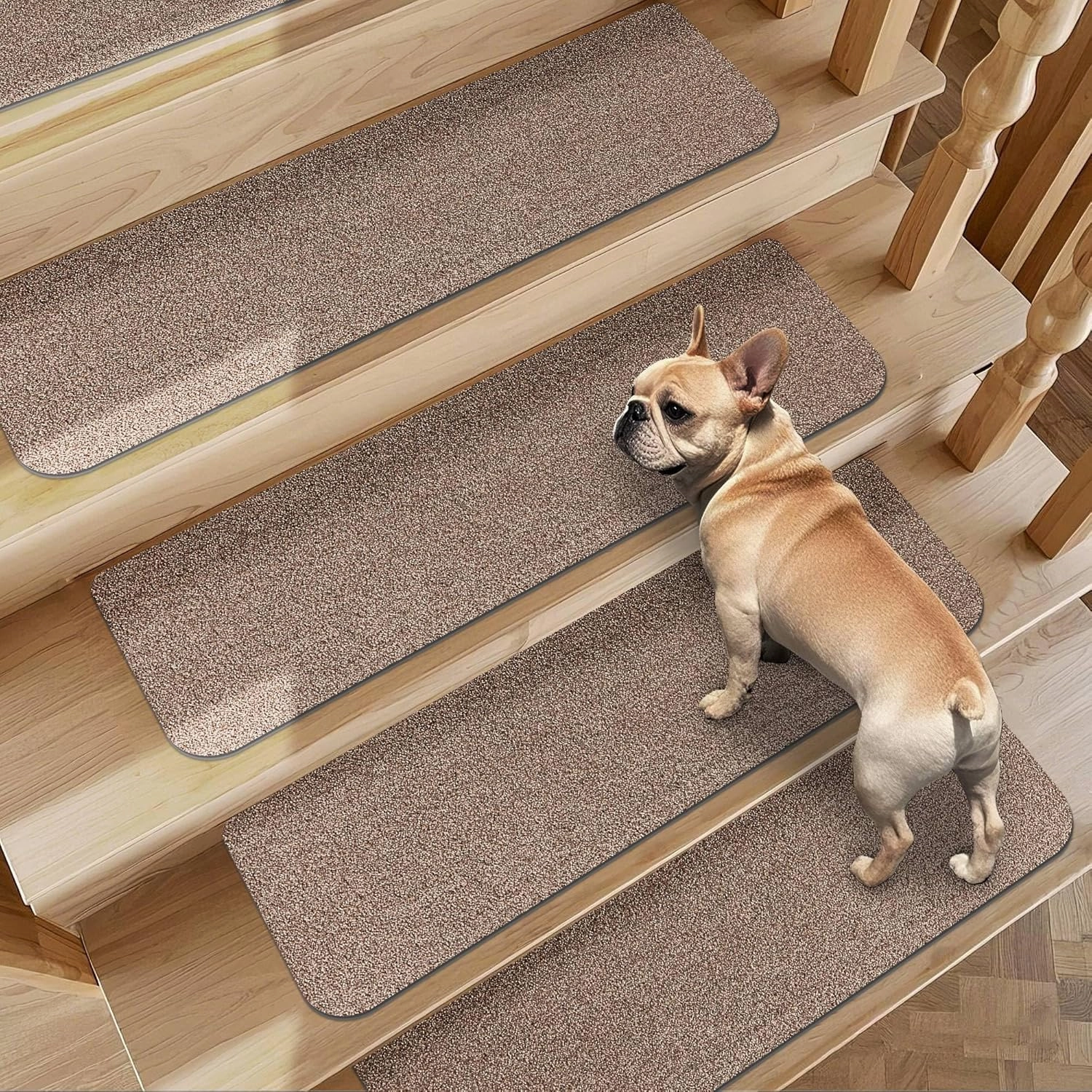 Non-Slip Stair Treads for Wooden Steps Indoor, 4 Pack 9" X 28" Stair Carpet Mats with TPE Backing for Kids Elders and Dogs, 0.3" Thick 100% Polyester Soft Stair Runner Rug, Beige