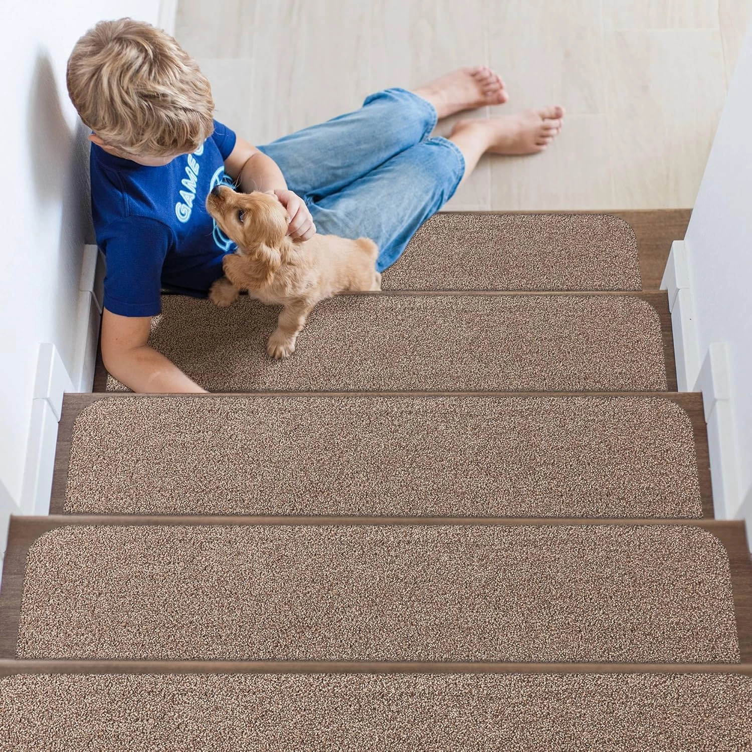 Non-Slip Stair Treads for Wooden Steps Indoor, 4 Pack 9" X 28" Stair Carpet Mats with TPE Backing for Kids Elders and Dogs, 0.3" Thick 100% Polyester Soft Stair Runner Rug, Beige