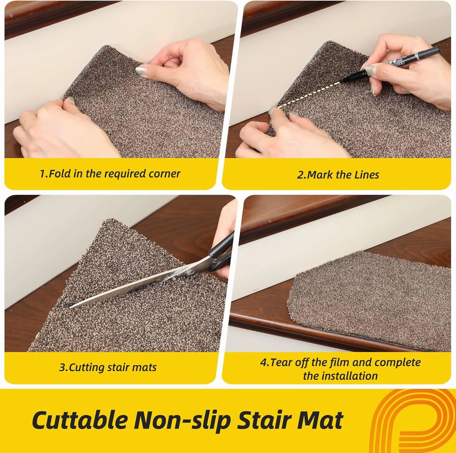 Non-Slip Stair Treads for Wooden Steps Indoor, 4 Pack 9" X 28" Stair Carpet Mats with TPE Backing for Kids Elders and Dogs, 0.3" Thick 100% Polyester Soft Stair Runner Rug, Beige