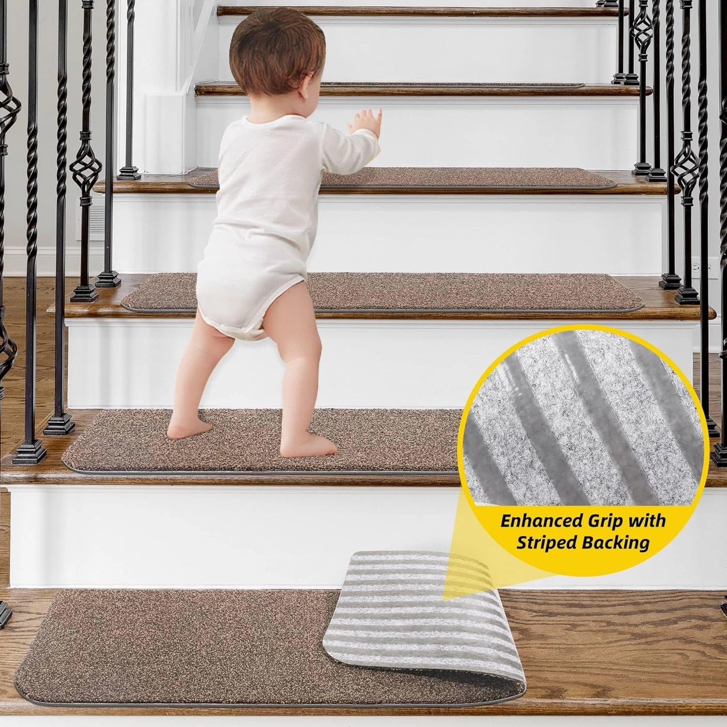 Non-Slip Stair Treads for Wooden Steps Indoor, 4 Pack 9" X 28" Stair Carpet Mats with TPE Backing for Kids Elders and Dogs, 0.3" Thick 100% Polyester Soft Stair Runner Rug, Beige