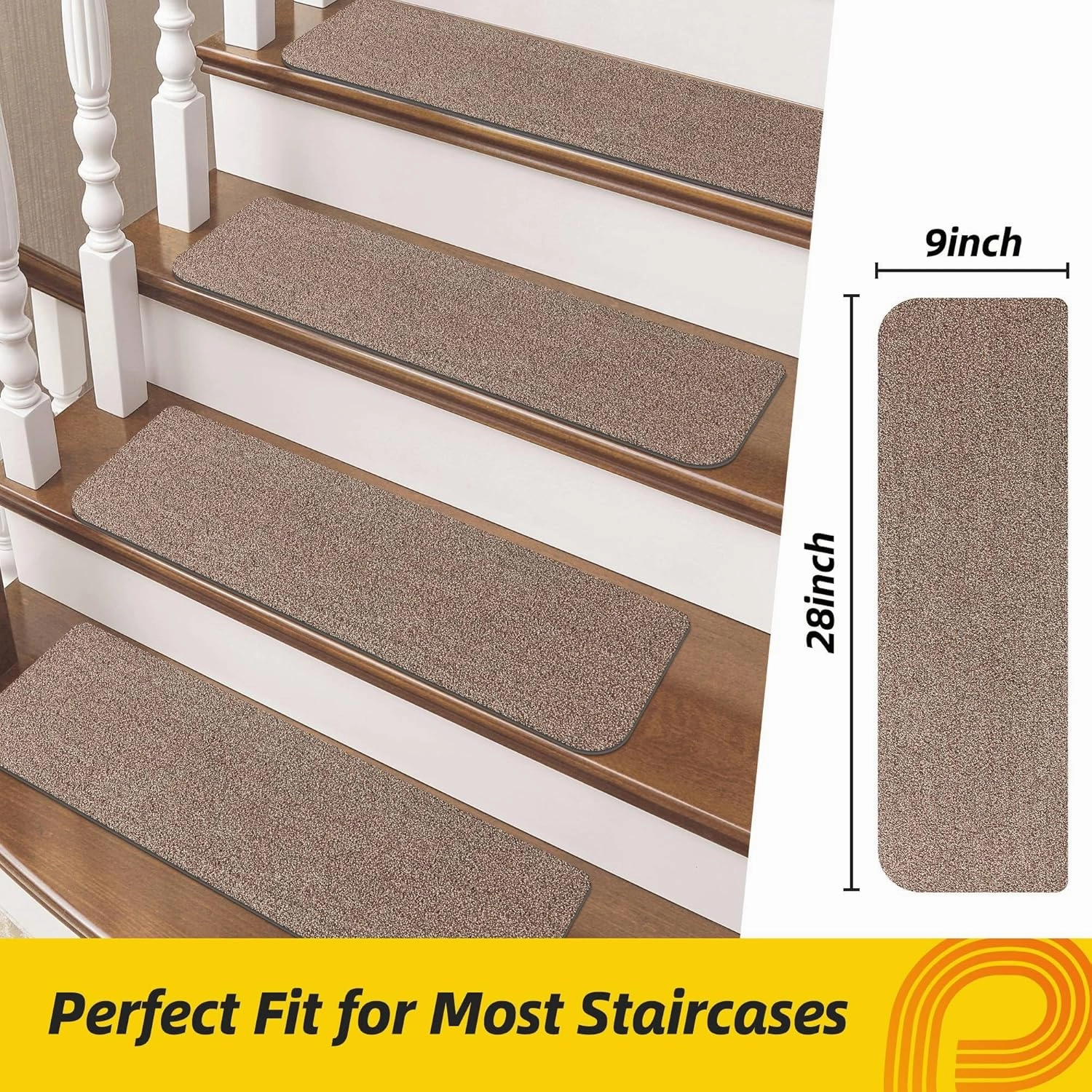 Non-Slip Stair Treads for Wooden Steps Indoor, 4 Pack 9" X 28" Stair Carpet Mats with TPE Backing for Kids Elders and Dogs, 0.3" Thick 100% Polyester Soft Stair Runner Rug, Beige