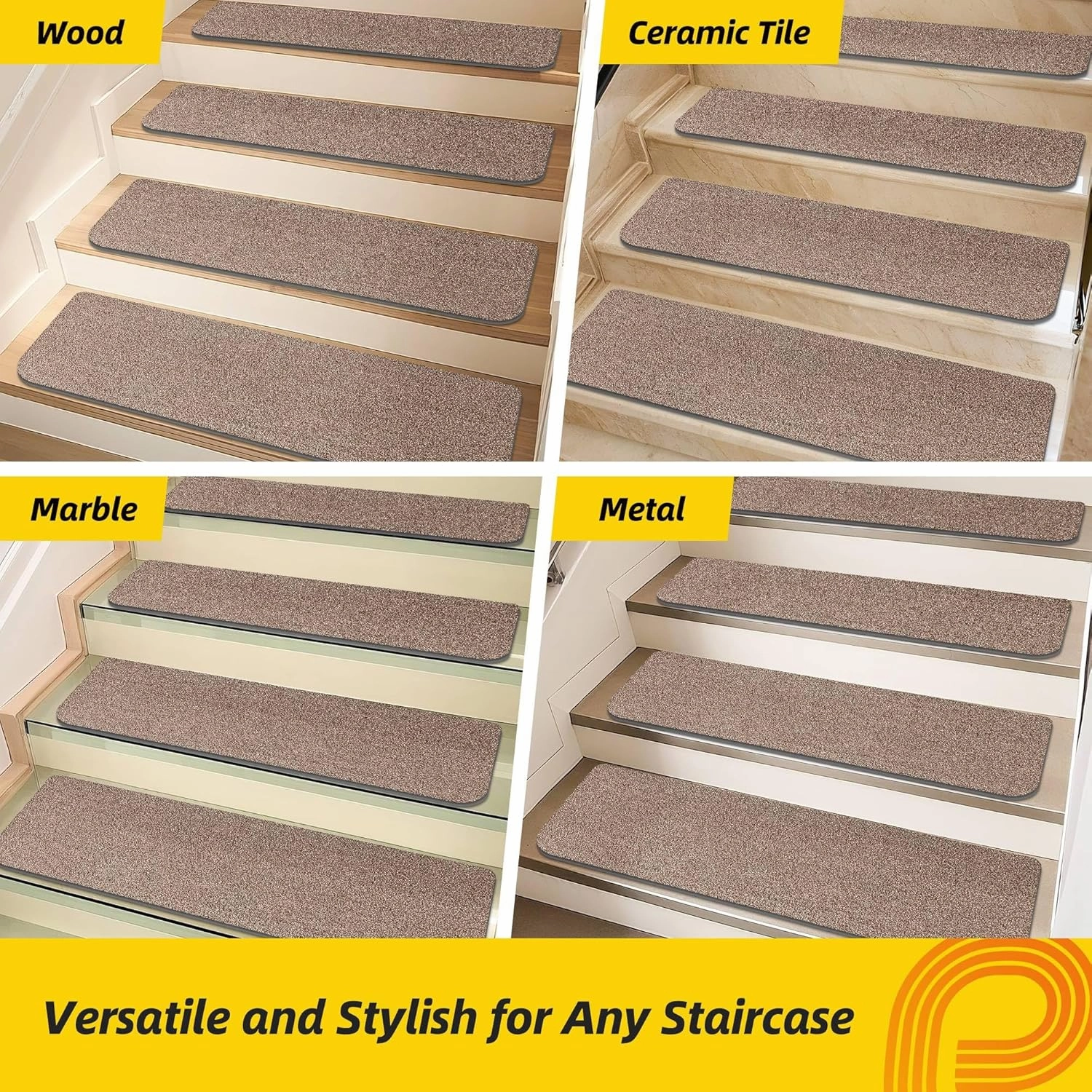 Non-Slip Stair Treads for Wooden Steps Indoor, 4 Pack 9" X 28" Stair Carpet Mats with TPE Backing for Kids Elders and Dogs, 0.3" Thick 100% Polyester Soft Stair Runner Rug, Beige