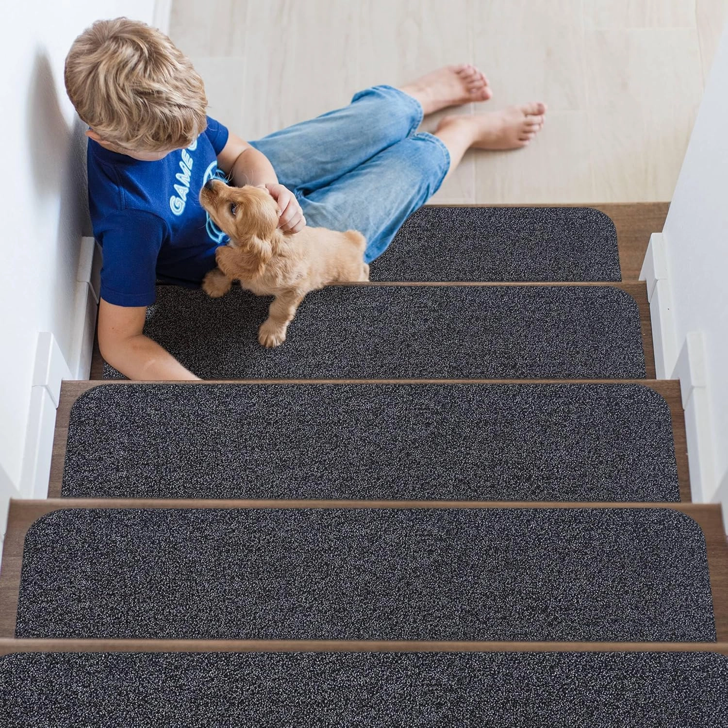 Non-Slip Stair Treads for Wooden Steps Indoor, 4 Pack 9" X 28" Stair Carpet Mats with TPE Backing for Kids Elders and Dogs, 0.3" Thick 100% Polyester Soft Stair Runner Rug, Black