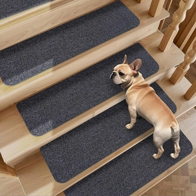 Non-Slip Stair Treads for Wooden Steps Indoor, 4 Pack 9" X 28" Stair Carpet Mats with TPE Backing for Kids Elders and Dogs, 0.3" Thick 100% Polyester Soft Stair Runner Rug, Black