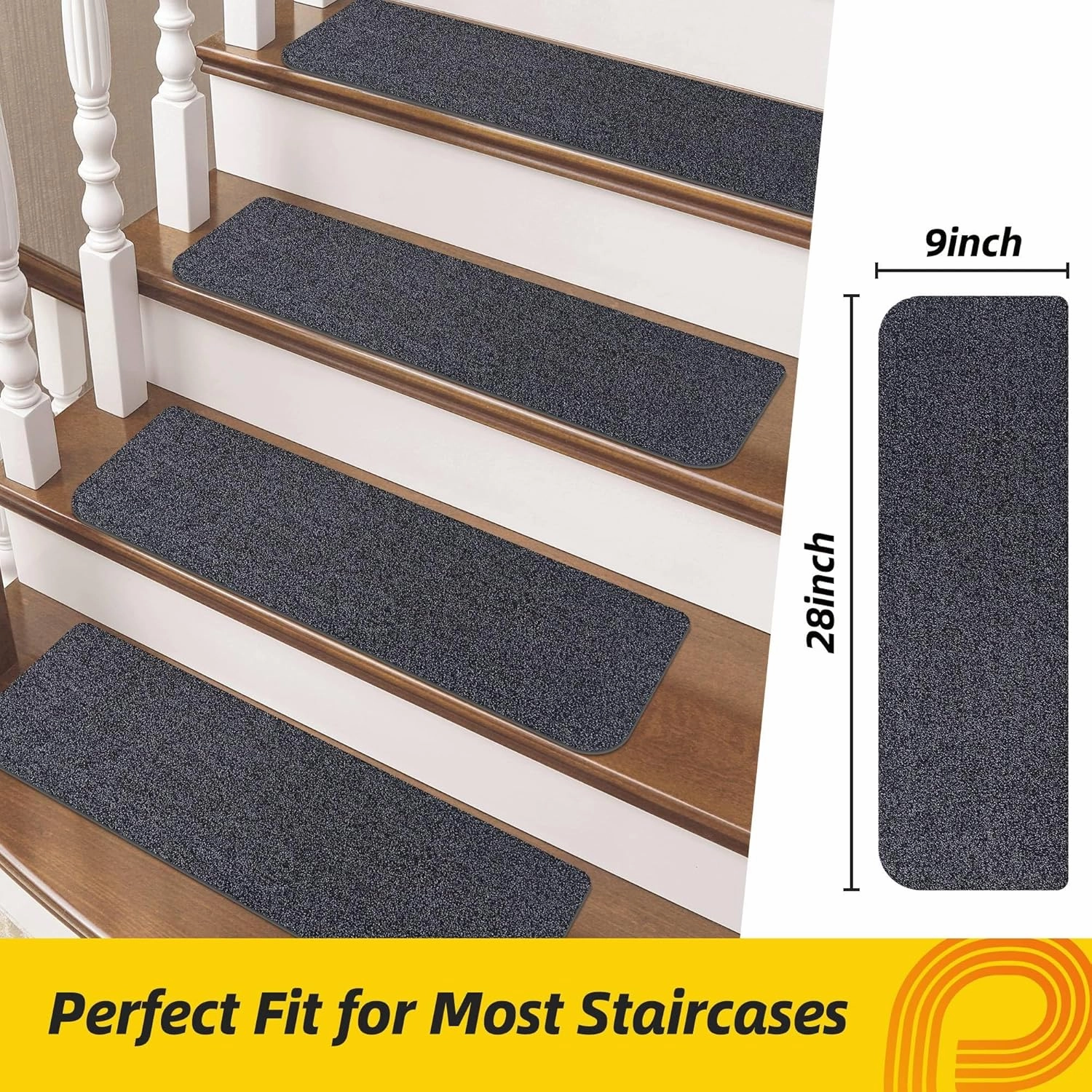 Non-Slip Stair Treads for Wooden Steps Indoor, 4 Pack 9" X 28" Stair Carpet Mats with TPE Backing for Kids Elders and Dogs, 0.3" Thick 100% Polyester Soft Stair Runner Rug, Black