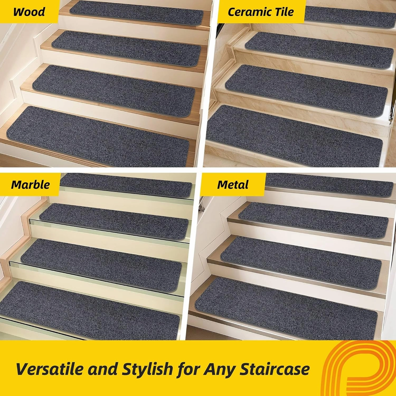 Non-Slip Stair Treads for Wooden Steps Indoor, 4 Pack 9" X 28" Stair Carpet Mats with TPE Backing for Kids Elders and Dogs, 0.3" Thick 100% Polyester Soft Stair Runner Rug, Black
