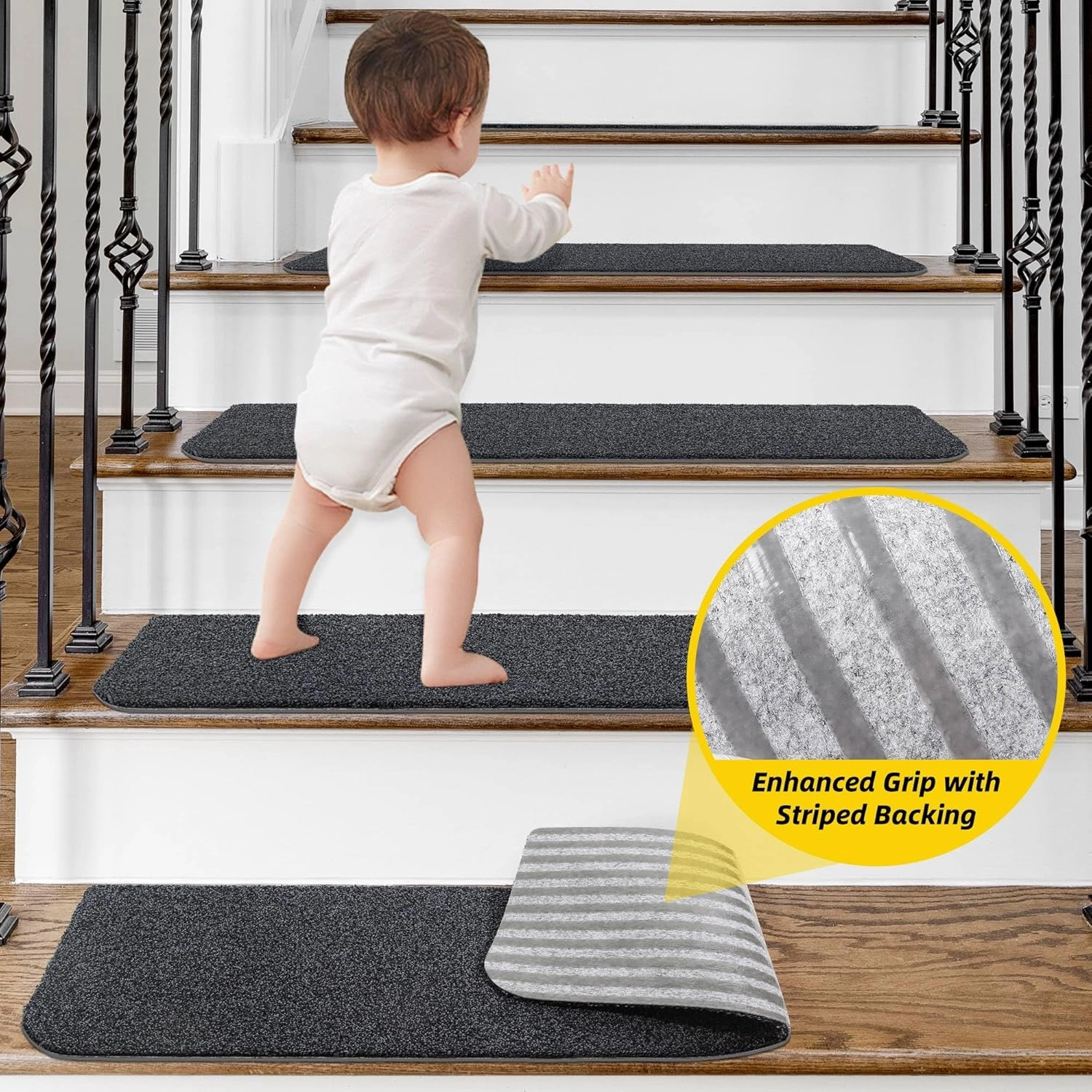 Non-Slip Stair Treads for Wooden Steps Indoor, 4 Pack 9" X 28" Stair Carpet Mats with TPE Backing for Kids Elders and Dogs, 0.3" Thick 100% Polyester Soft Stair Runner Rug, Black