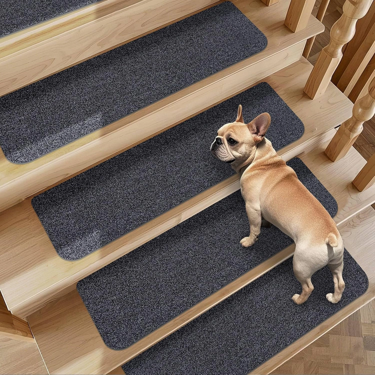 Non-Slip Stair Treads for Wooden Steps Indoor, 4 Pack 9" X 28" Stair Carpet Mats with TPE Backing for Kids Elders and Dogs, 0.3" Thick 100% Polyester Soft Stair Runner Rug, Black