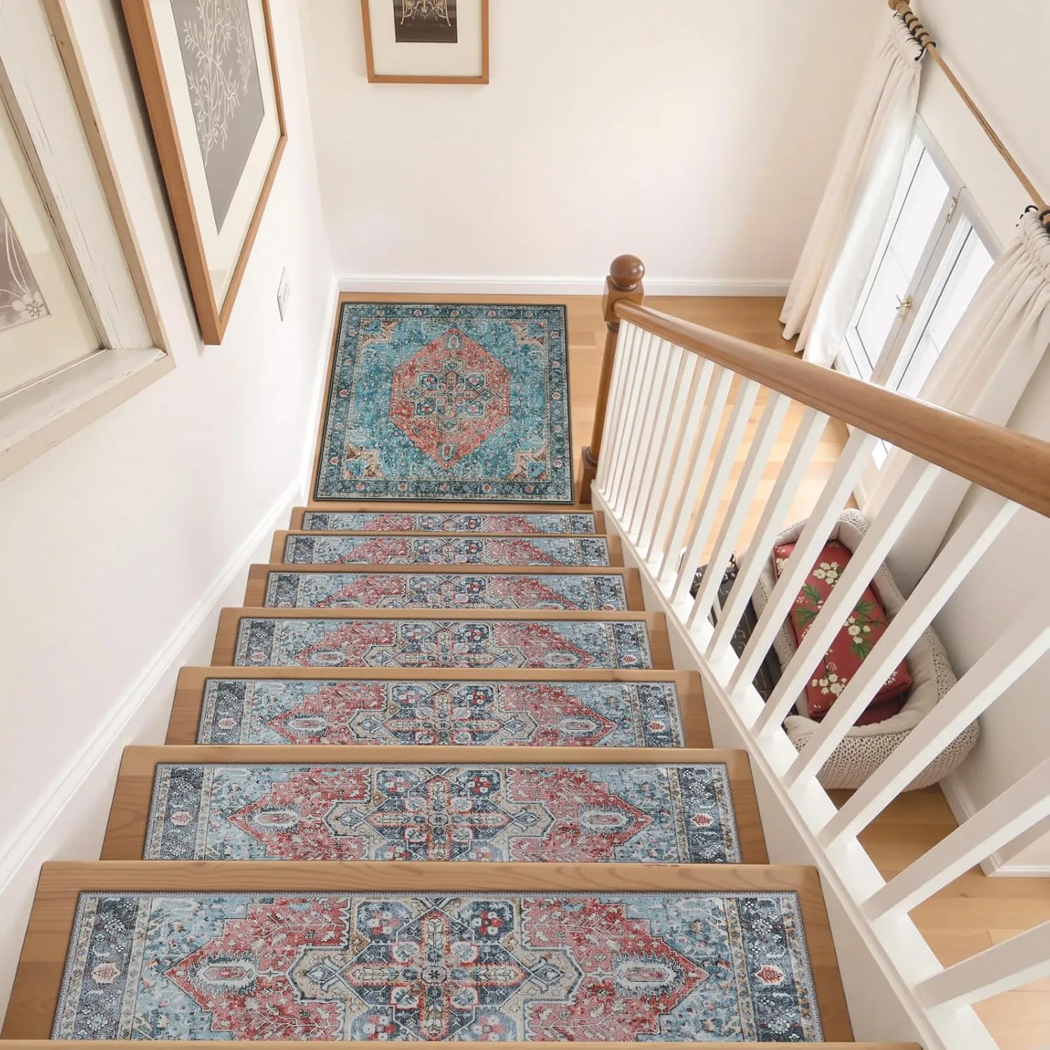 OJIA Non-Slip Stair Treads Matching Mat for Wooden Steps, Square Rubber Backing Anti-Slip Stair Carpet Landing Mat Stair Rugs 31x31 inch Carpet for Stairs
