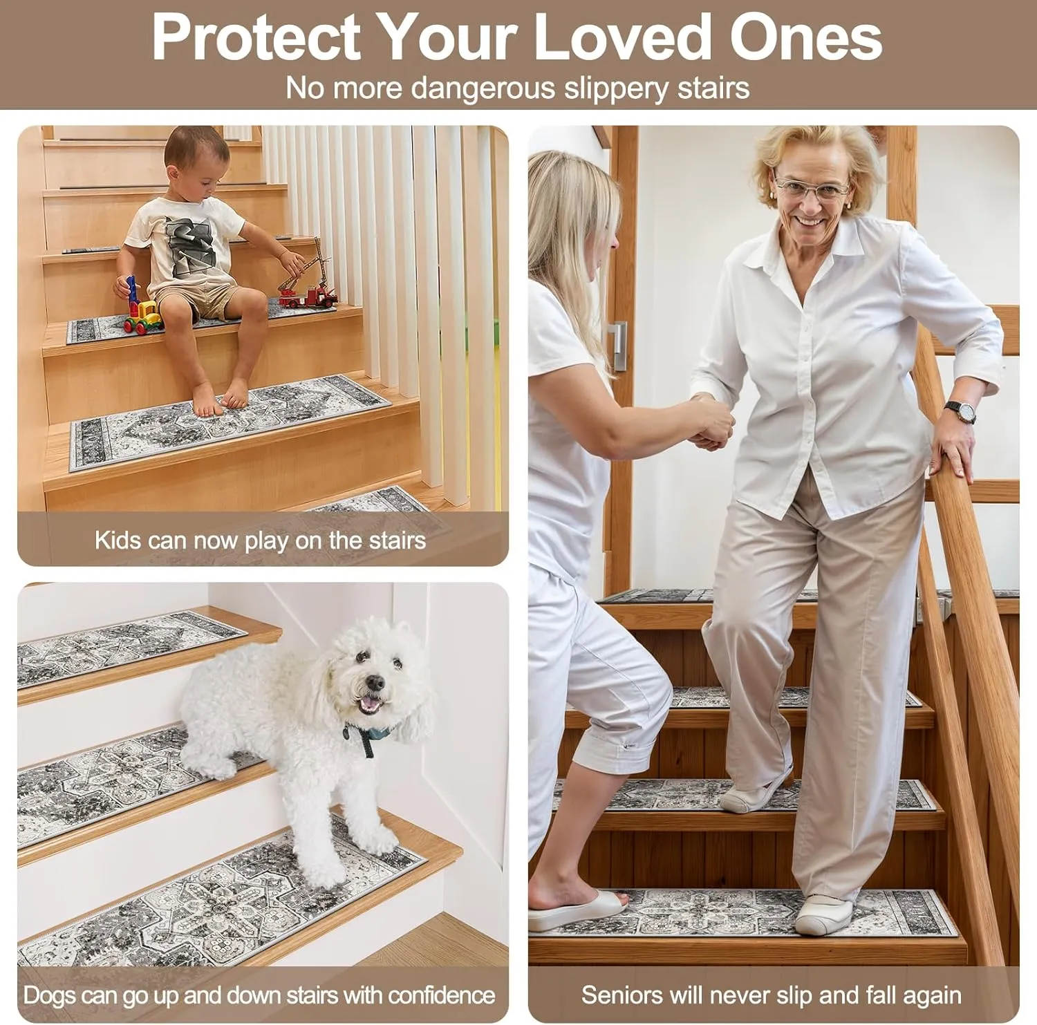 OJIA Stair Treads Carpet for Wooden Steps Non-Slip Landing Mat Stair Rug with Rubber Backing, Soft Stair Runner Safety Rugs for Family, Absorbent Washable 31x31 inch Carpet for Stairs