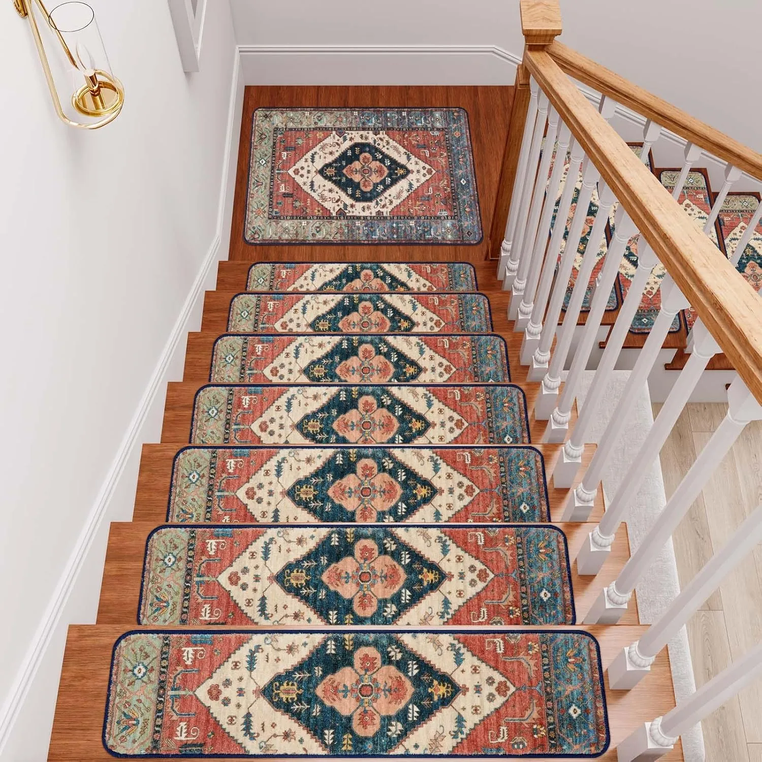 OJIA Stair Treads Non-Slip Landing Mat Indoor Stair Runners for Wooden Steps, Slip Resistant Stair Carpet Treads for Kids and Dogs, Rubber Backing Stair Rugs Mats 20"x32" Corner Square Matching Mat
