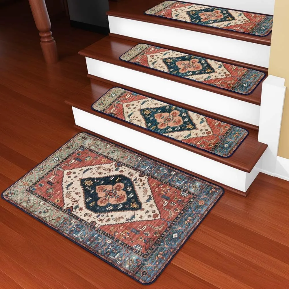OJIA Stair Treads Non-Slip Landing Mat Indoor Stair Runners for Wooden Steps, Slip Resistant Stair Carpet Treads for Kids and Dogs, Rubber Backing Stair Rugs Mats 20"x32" Corner Square Matching Mat