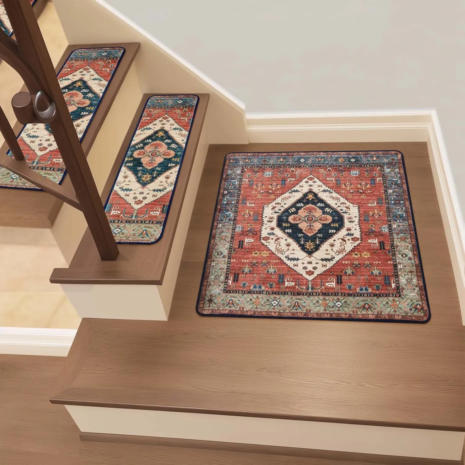 OJIA Stair Treads Non-Slip Landing Mat Indoor Stair Runners for Wooden Steps, Slip Resistant Stair Carpet Treads for Kids and Dogs, Rubber Backing Stair Rugs Mats 20"x32" Corner Square Matching Mat
