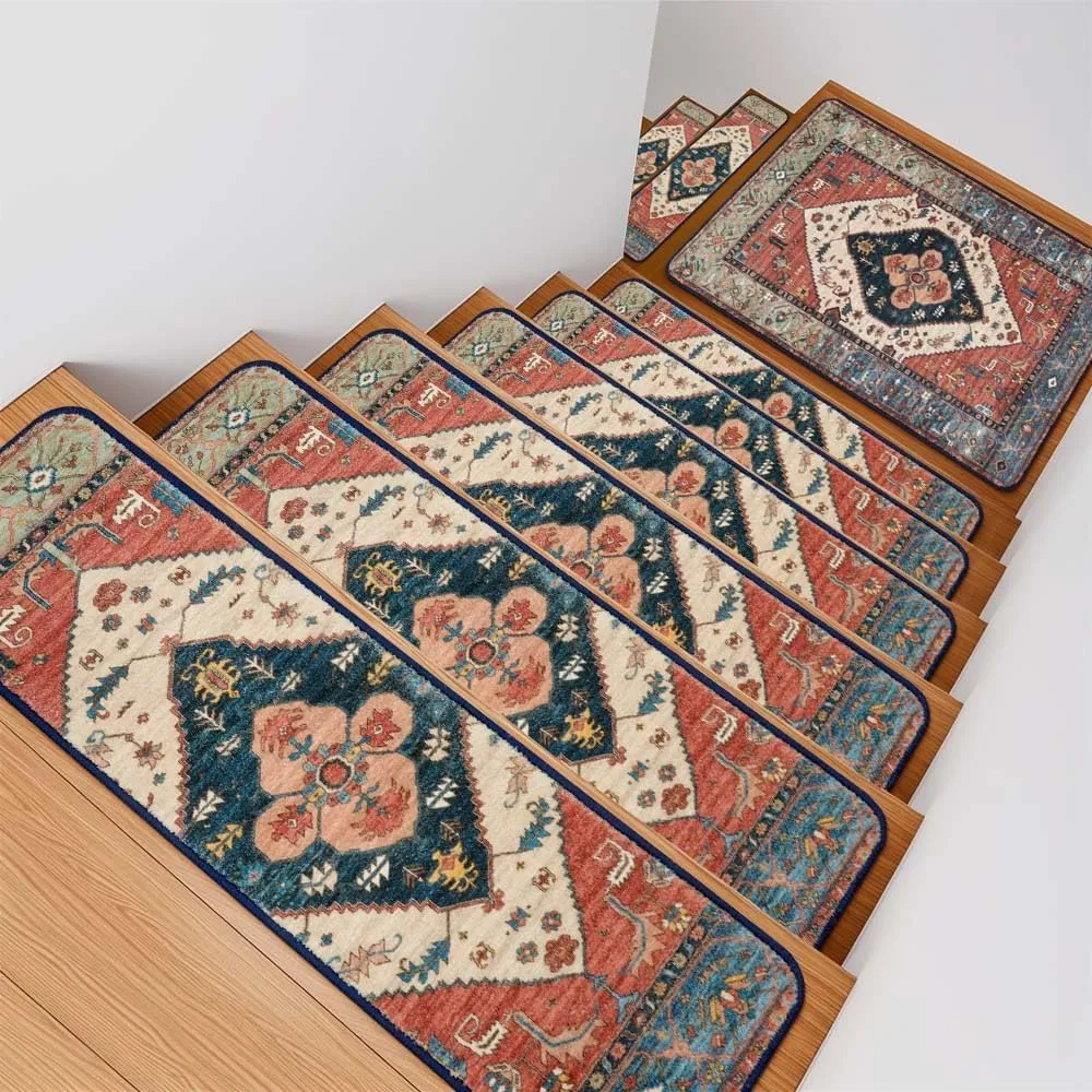OJIA Stair Treads Non-Slip Landing Mat Indoor Stair Runners for Wooden Steps, Slip Resistant Stair Carpet Treads for Kids and Dogs, Rubber Backing Stair Rugs Mats 20"x32" Corner Square Matching Mat