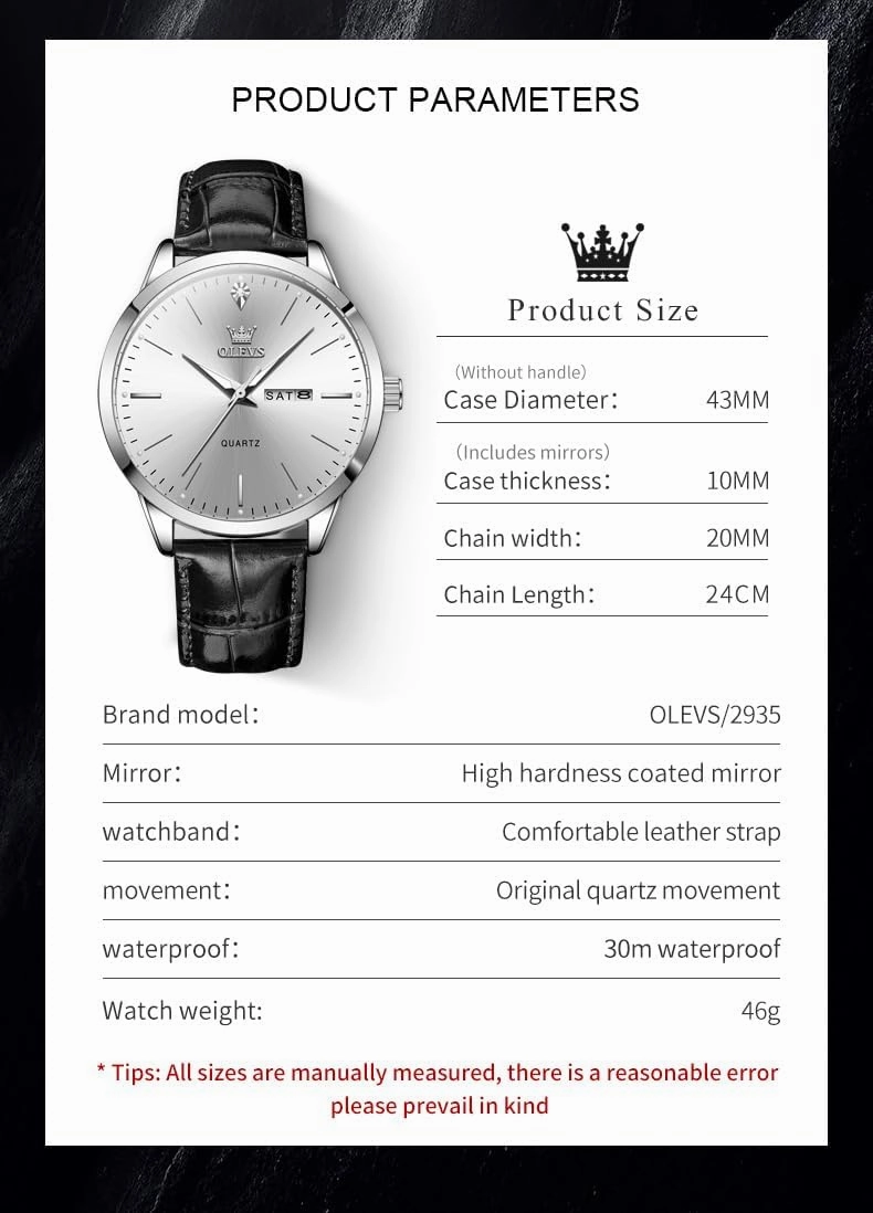 OLEVS Mens Watches, Casual Leather Watches for Men Easy to Read Quartz Number Watch with Date Waterproof Blue/Black/Silver Face Men's Wrist Watches…