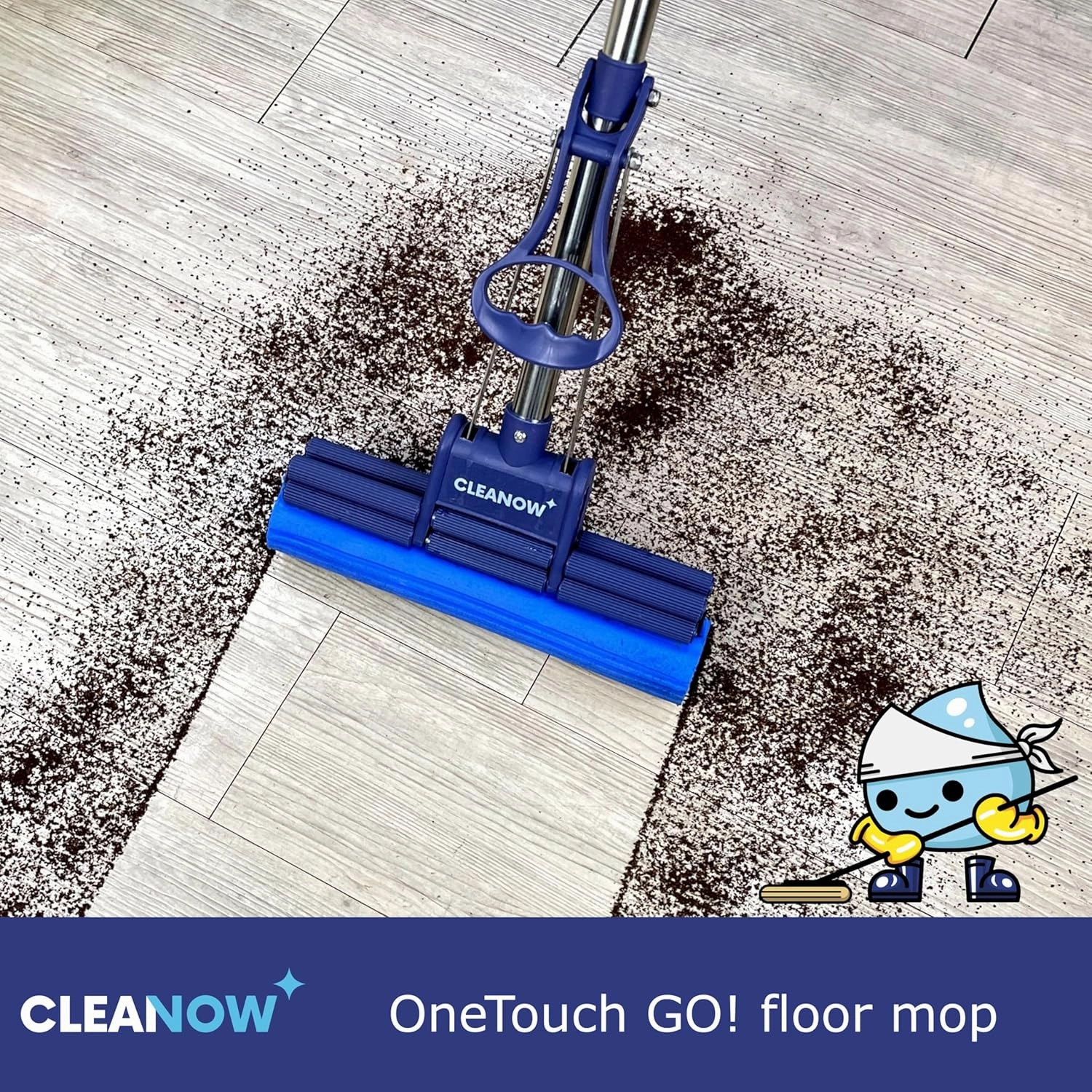 OneTouch GO! Floor Cleaner - Floor Mop with Wringing Function - Sponge Mop for Cleaning Floors - PVA Sponge and Stainless Steel Handle