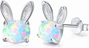 Opal Rabbit Earrings 925 Sterling Silver Bunny Stud Earrings Hypoallergenic Small Animal Gifts for Women Sensitive Ears