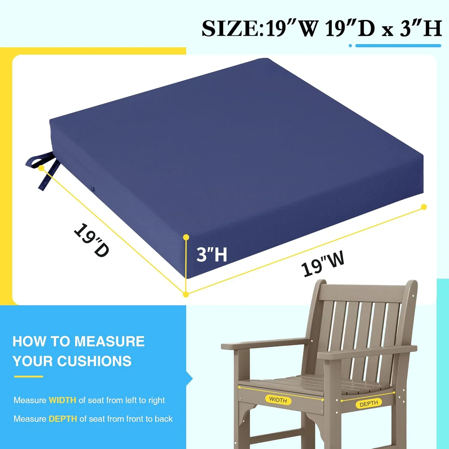 Outdoor Chair Cushions Patio for Furniture Set of 2 Seat Outside Waterproof 19 x 19 x 3 Inch Pads Thick Navy Blue Seating Large Square