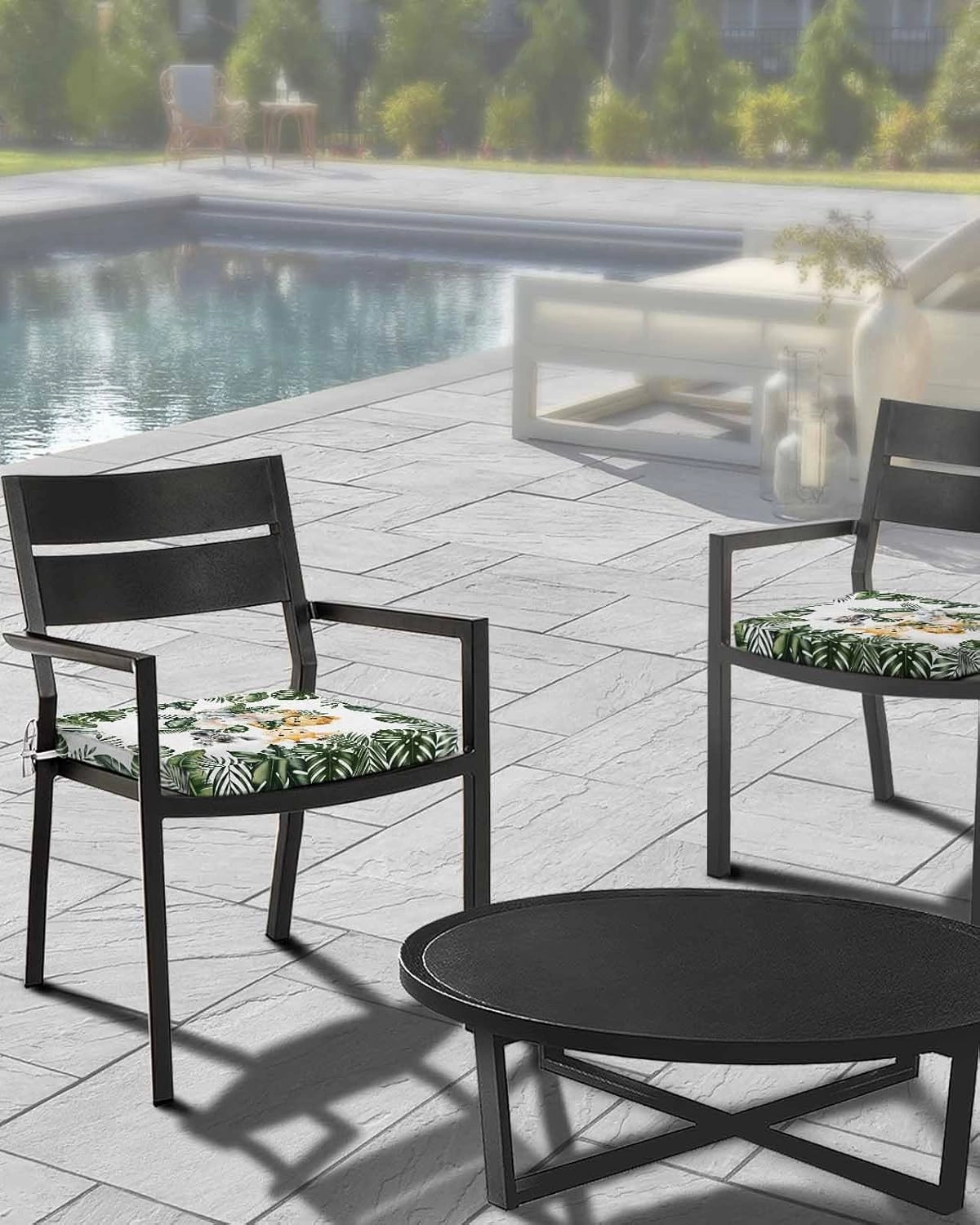 Outdoor Waterproof Cushion Covers Tropical Plants Animals Replacement Stretch Seat Slipcover for Patio, Cute Forest Lion Elephant Giraffe Chair Couch Sofa Covers Furniture Protector Set of 2,24x24IN